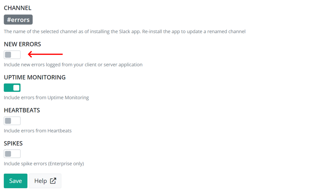 New Errors toggle on Slack integration