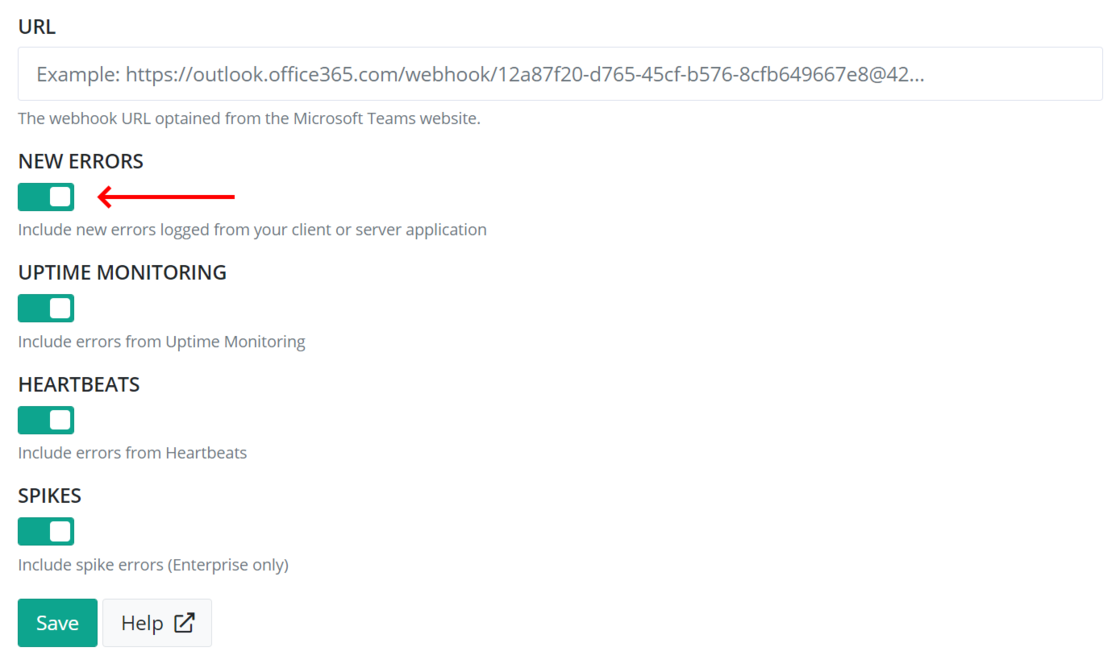 New Errors toggle on Teams integration