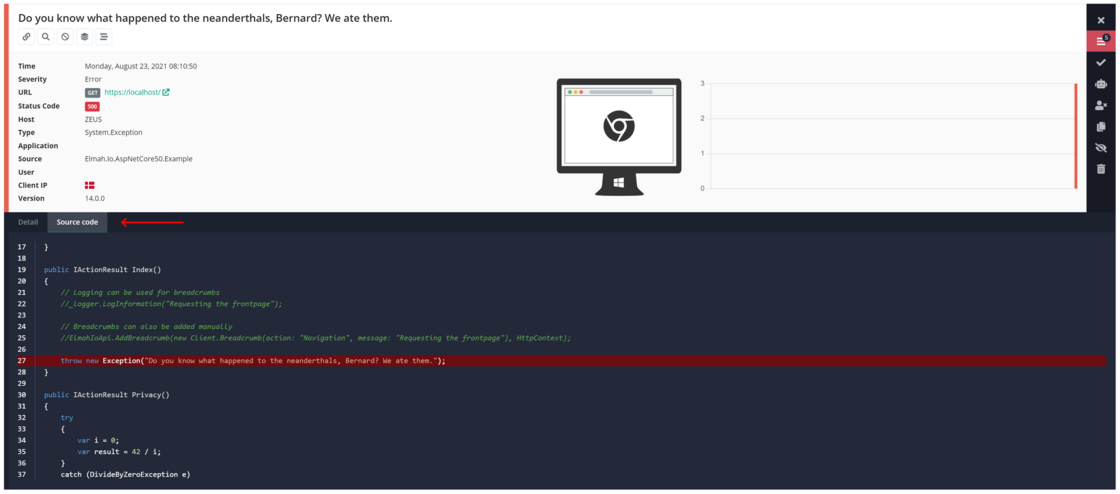 Embedding source code on errors