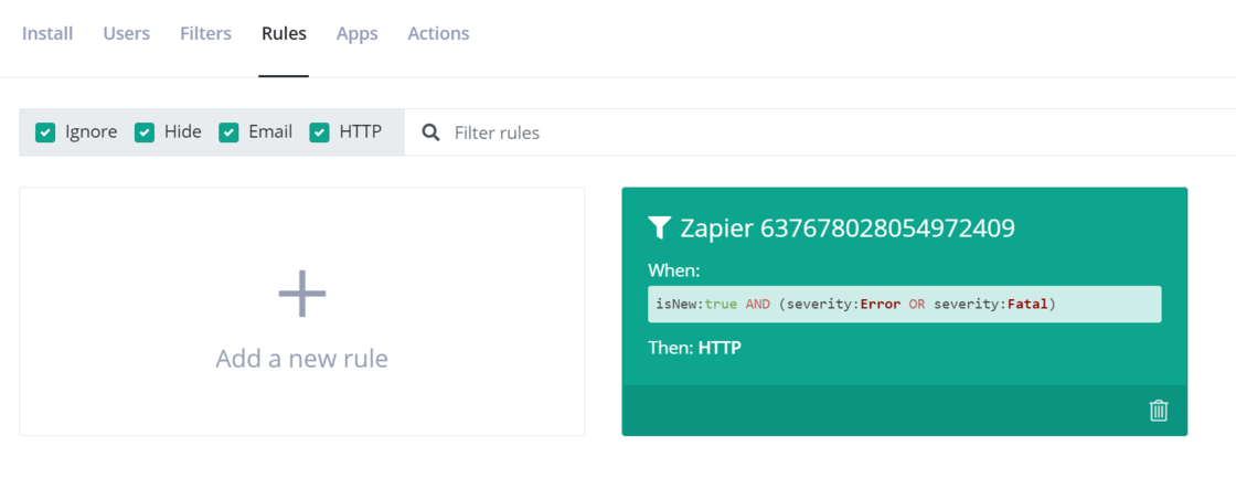 Zap on Rules tab