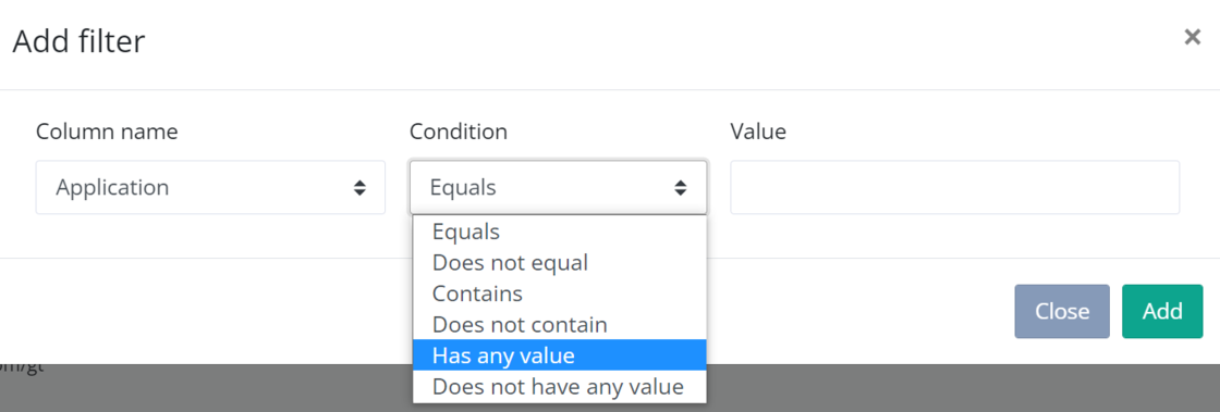 Has any value / Does not have any value filters