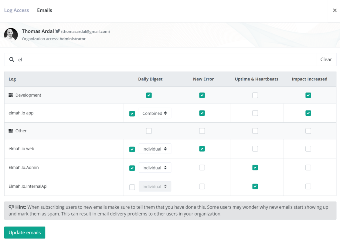 Organization administrators can now set up emails