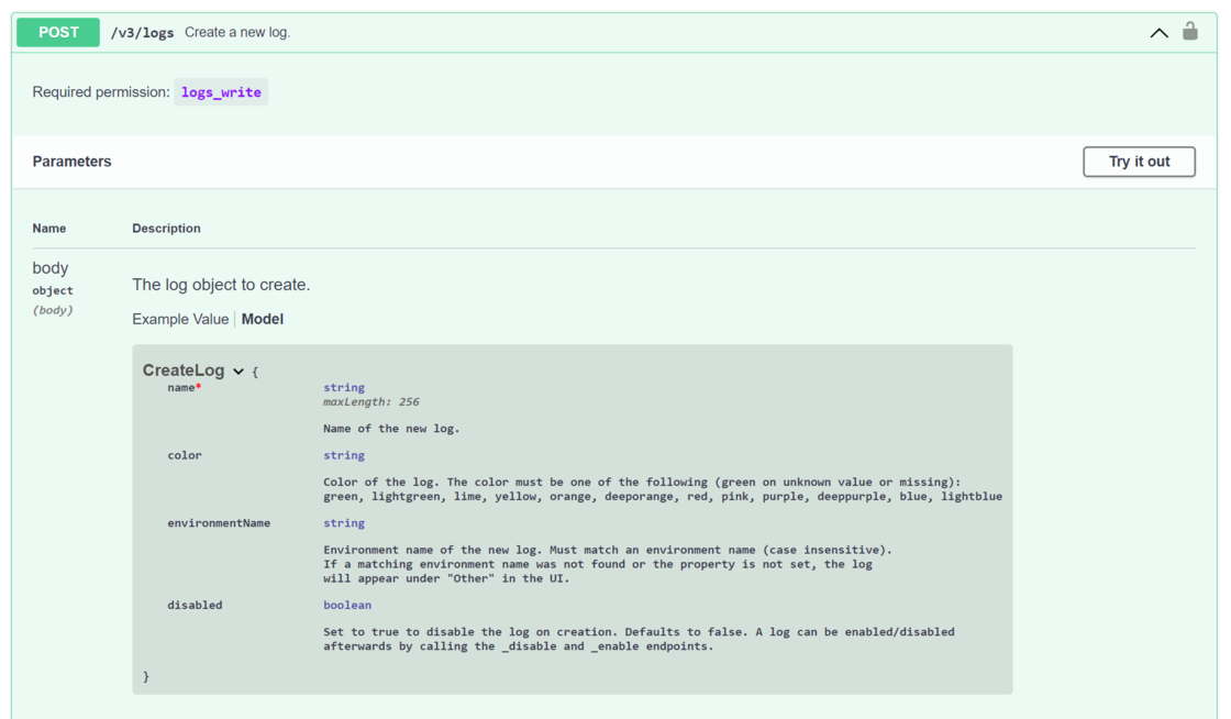 Create log endpoint supports color, environment, and disabled