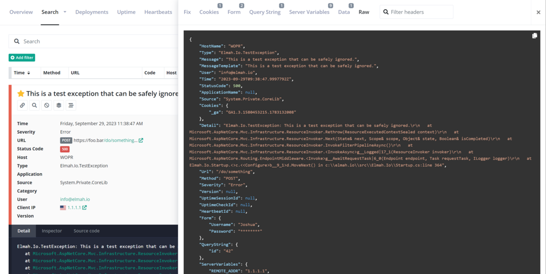 Raw tab showing log message JSON on file