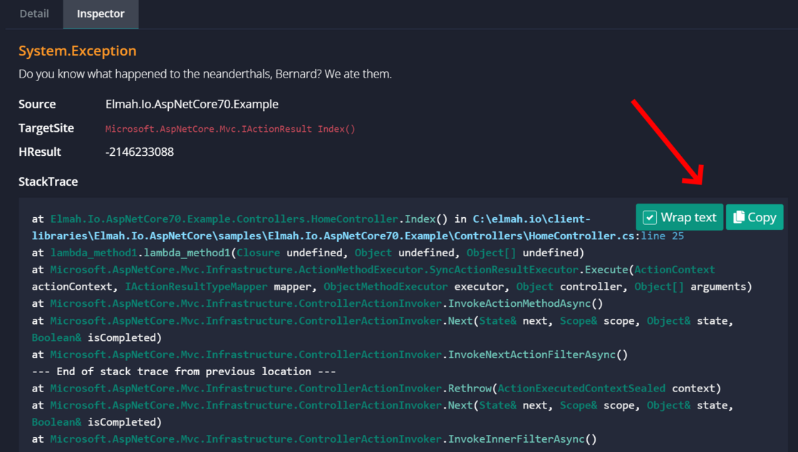 Wrap text and copy stack trace on Inspector tab