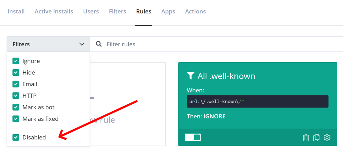 Disabled filter on Rules