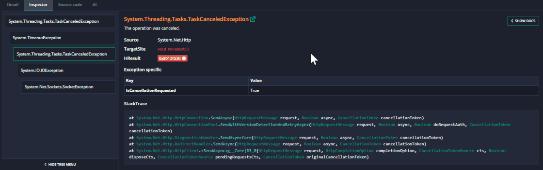 Show docs in Exception Inspector