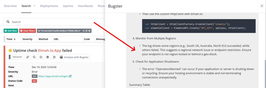 Analyze uptime errors with Bugster