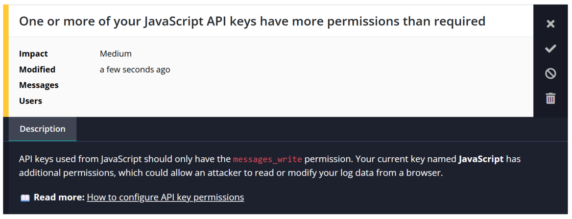 New recommendation for JavaScript API keys with too many permissions